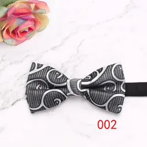 Detailed view of the black and silver geometric patterned men's formal bow tie accessory.