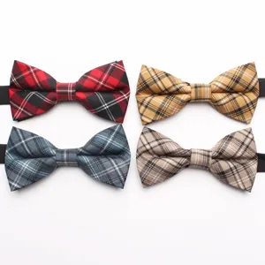 Classic plaid bow tie details, featuring polyester-cotton fabric in assorted vintage tartan colors.