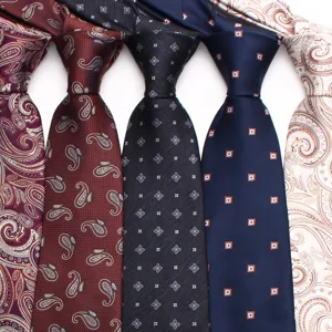Detail shot of 8cm jacquard men's neckties with paisley and geometric patterns for suits.