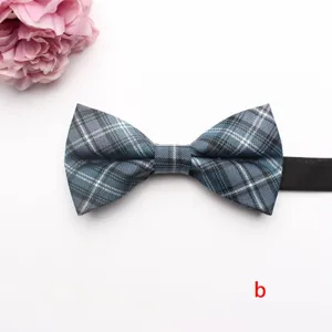 Blue plaid bow tie detail shot showing fabric texture, black strap, and classic pattern.
