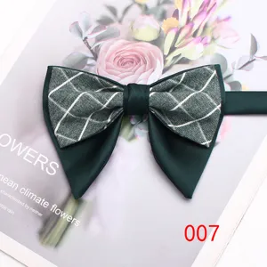 Dark green plaid bow tie for men, retro cotton double horn bowknot for wedding and formal wear.
