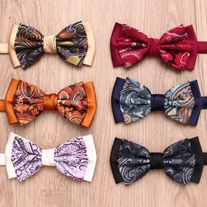 Men's two-tone paisley bowtie set, classic wedding groom and emcee neckwear accessory.