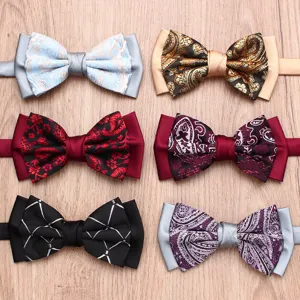 Men's two-tone bow ties featuring classic paisley and geometric patterns. Ideal for formal wear.