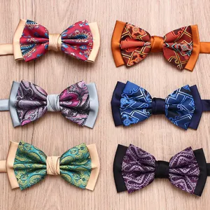 Men's two-tone bow tie set, vintage paisley and geometric patterns, wedding party wear.