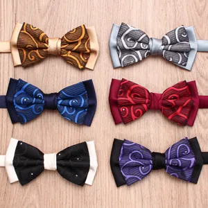 Men's two-tone bow tie set, elegant swirl pattern crystal detail for wedding party formal wear.
