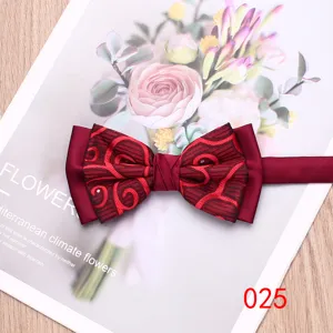 Mens burgundy patterned bow tie for wedding party, stylish dual-material formal neckwear.