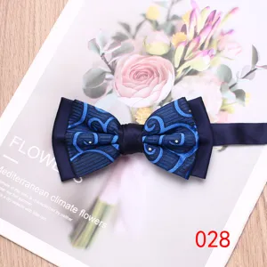 Men's blue patterned double-patched bow tie, stylish accessory for weddings and formal events.