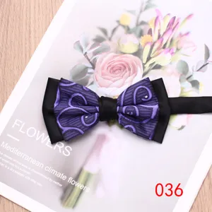 Men's purple and black pattern bow tie, elegant dual color fabric for wedding and party wear.