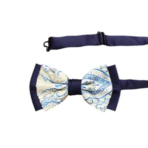Men's blue paisley bow tie with adjustable neck strap for weddings, parties, and formal business.