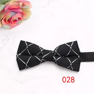 Men's formal business bow tie with stylish silver geometric pattern on classic black fabric.