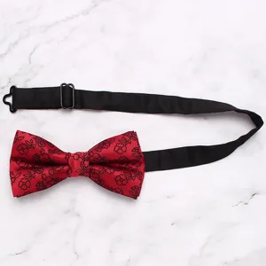 Detailed view of red and black floral geometric men's business bow tie with adjustable strap.