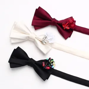 Men Korean Style Double Layer Jacquard Bowtie Solid Color Rhinestone Flower Decor Formal Business Party Bow Tie