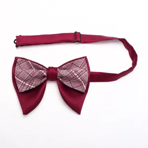 Burgundy double layer horn bow tie with retro plaid patchwork detail, adjustable strap.