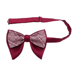 Burgundy plaid men's bow tie, double layer horn style wedding formal accessory for men.