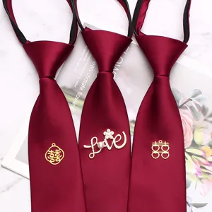 Groom zipper necktie wedding maroon necktie with double happiness and love charm 8cm width