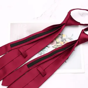 Maroon zipper necktie for men, easy wear pre-tied groom wedding tie 8cm wide stylish accessory