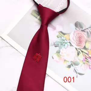 Red wedding zipper necktie with Chinese double happiness symbol, 8cm easy wear tie for groom.