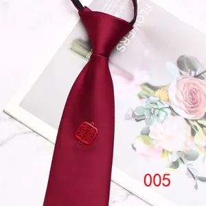 Red wedding zipper necktie for men, easy lazy pre-tied tie with double happiness accent.