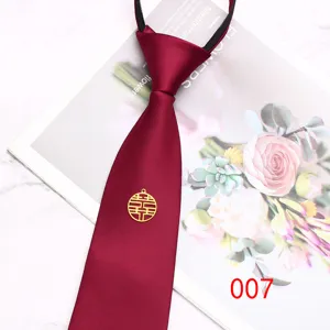 Burgundy zipper necktie for men wedding groom pre-tied necktie with gold charm style
