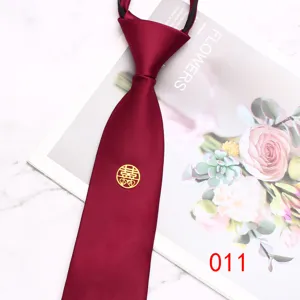 Burgundy zipper tie detail, elegant wedding groom necktie with golden double happiness symbol.