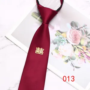 Groom wedding zipper tie burgundy fabric with gold double happiness symbol fashion accessory
