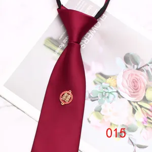 Burgundy pre-tied zipper necktie with wedding double happiness charm, 8cm wide groom tie.
