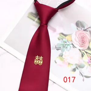 Burgundy zipper necktie for groom wedding with gold double happiness symbol fashion accessory.
