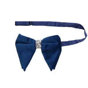 Men's navy blue velvet bow tie with rhinestone center and adjustable strap for formal wear.