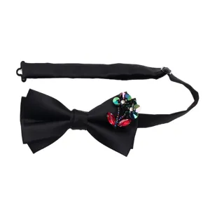 Black double-layer bow tie with sparkling rhinestone flower brooch, adjustable strap main view.