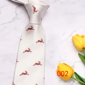 Classic men's fashion necktie with cute red rabbit print and fine stripes for business.