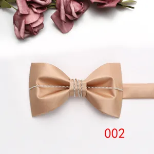 Dettaglio farfallina champagne, decorazione catena argento, accessorio matrimonio formale.