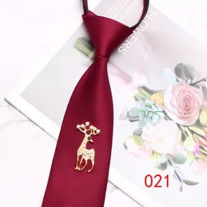 Wine red zipper necktie featuring rhinestone deer brooch, pre-tied lazy design for men fashion.