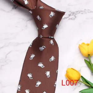 Men's brown necktie featuring cute white pug dog pattern, detailed view with yellow tulip decor.