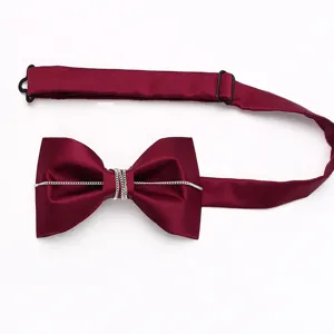 Dettaglio in primo piano di un elegante papillon in raso bordeaux con catena d'argento.