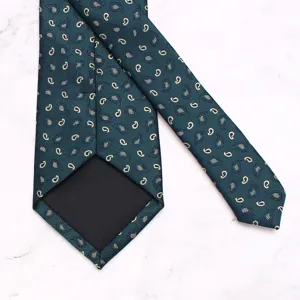 Classic dark green mens paisley necktie, elegant wedding groom floral tie accessory.