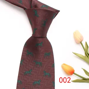 Mens burgundy business tie with green horse pattern, classic woven necktie for formal wear.