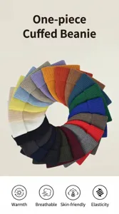 A vibrant display of various colorful cuffed knitted beanie hats arranged in a circle.