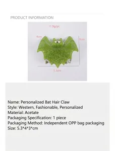 Detailed specifications of the green glittery bat hair claw clip with size measurements.