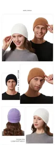 Close-up of cuffed knit beanies in white, brown, black, and purple worn by models.