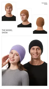 Detail show of colorful unisex knitted beanies for couples winter warmth