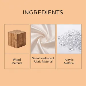 Detalle de materiales: madera, tela perlada y cuentas acrílicas para kit de arte DIY