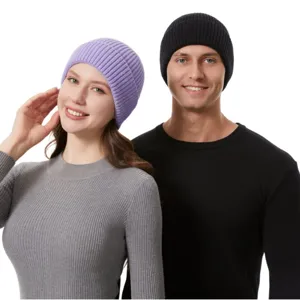 Warm unisex knitted cuffed beanie hats for men and women, featured in purple and black colors