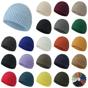 Unisex ribbed knit beanie hats in multiple solid colors with folded cuff for winter warmth