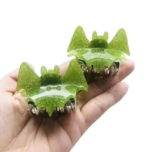 Green glitter bat shaped hair claw clips, trendy halloween fashion hair accessories