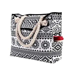Grand sac de plage en toile avec motifs tribaux noirs et blancs et anses en corde épaisse