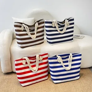 Grands sacs cabas en toile rayée avec anses en corde de coton en quatre coloris