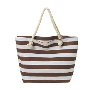 Sac cabas en toile rayée avec poignées en corde épaisse, grande capacité pour la plage.