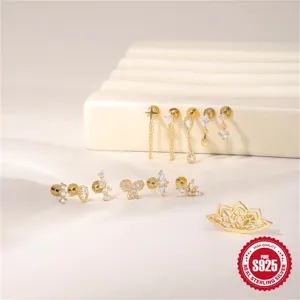 Set aus goldenen S925 Sterlingsilber Knorpelohrringen mit Schleife, Stern und Lotus