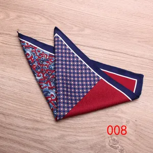 Detailed view of mens silk pocket square featuring paisley and geometric patterns.