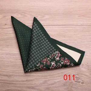 Men's dark green silk pocket square with classic paisley and dot print for suit wedding.